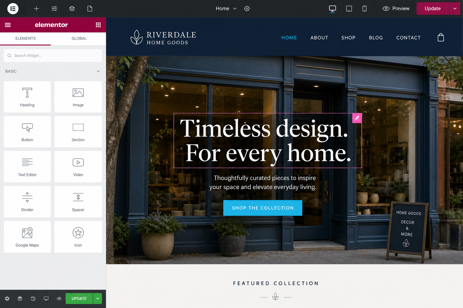 Example of editing a copied page in the Elementor WordPress editor