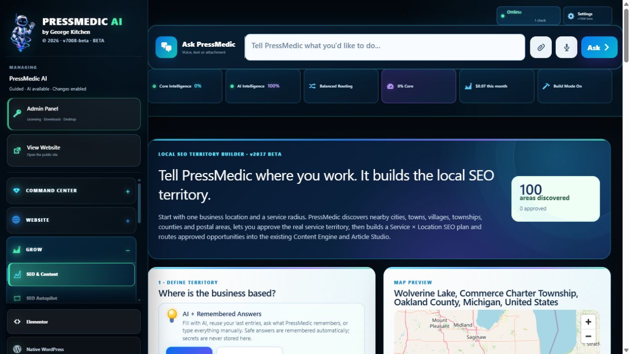PressMedic Local SEO Territory product screen
