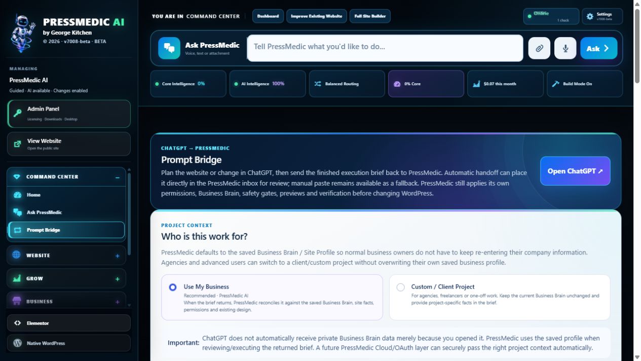 PressMedic Prompt Bridge interface with GPT handoff controls