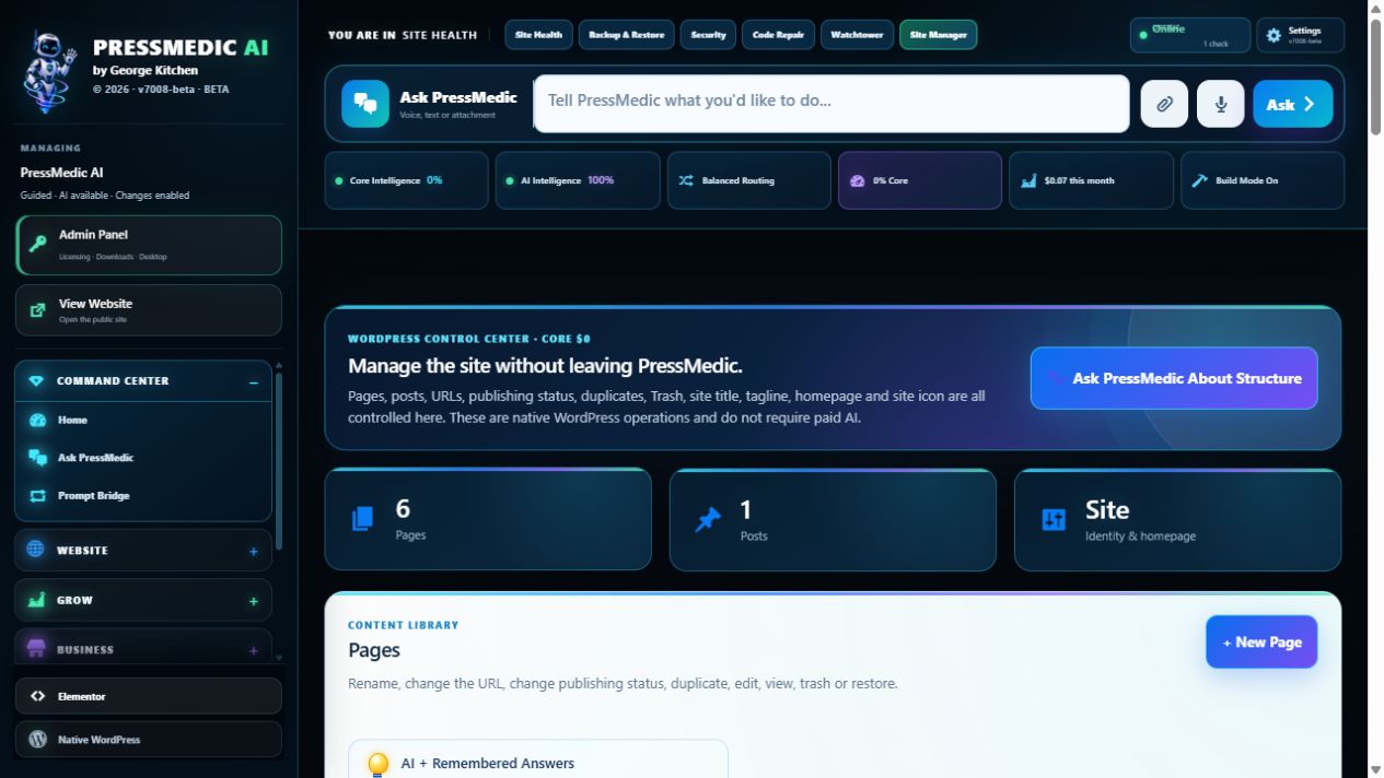 PressMedic Site Manager product screen