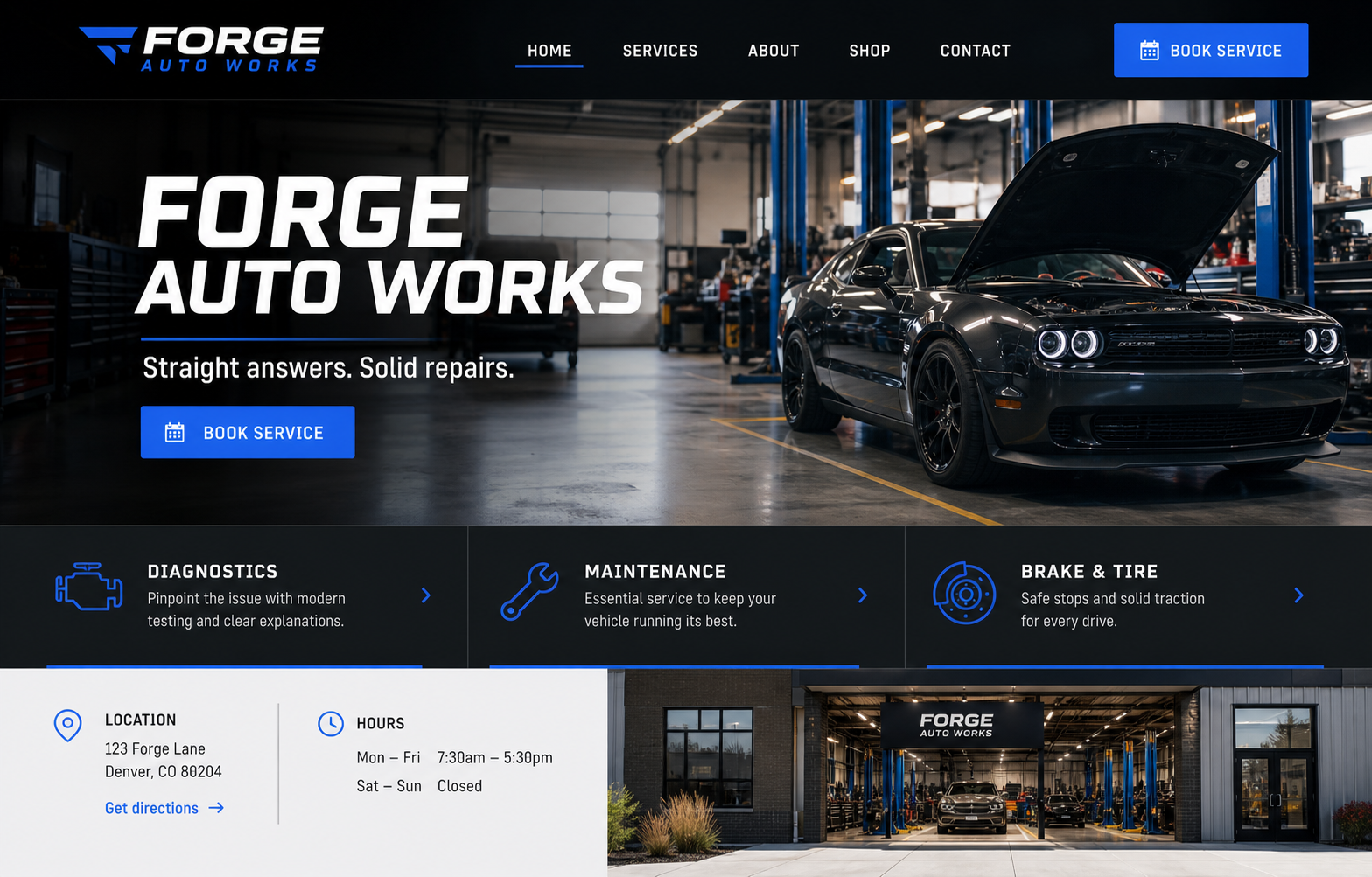 Forge Auto Works modern auto repair shop website design concept