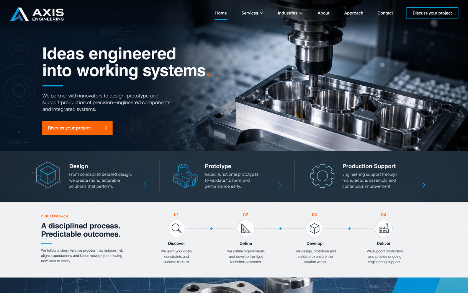 Axis Engineering technical fabrication company website design concept