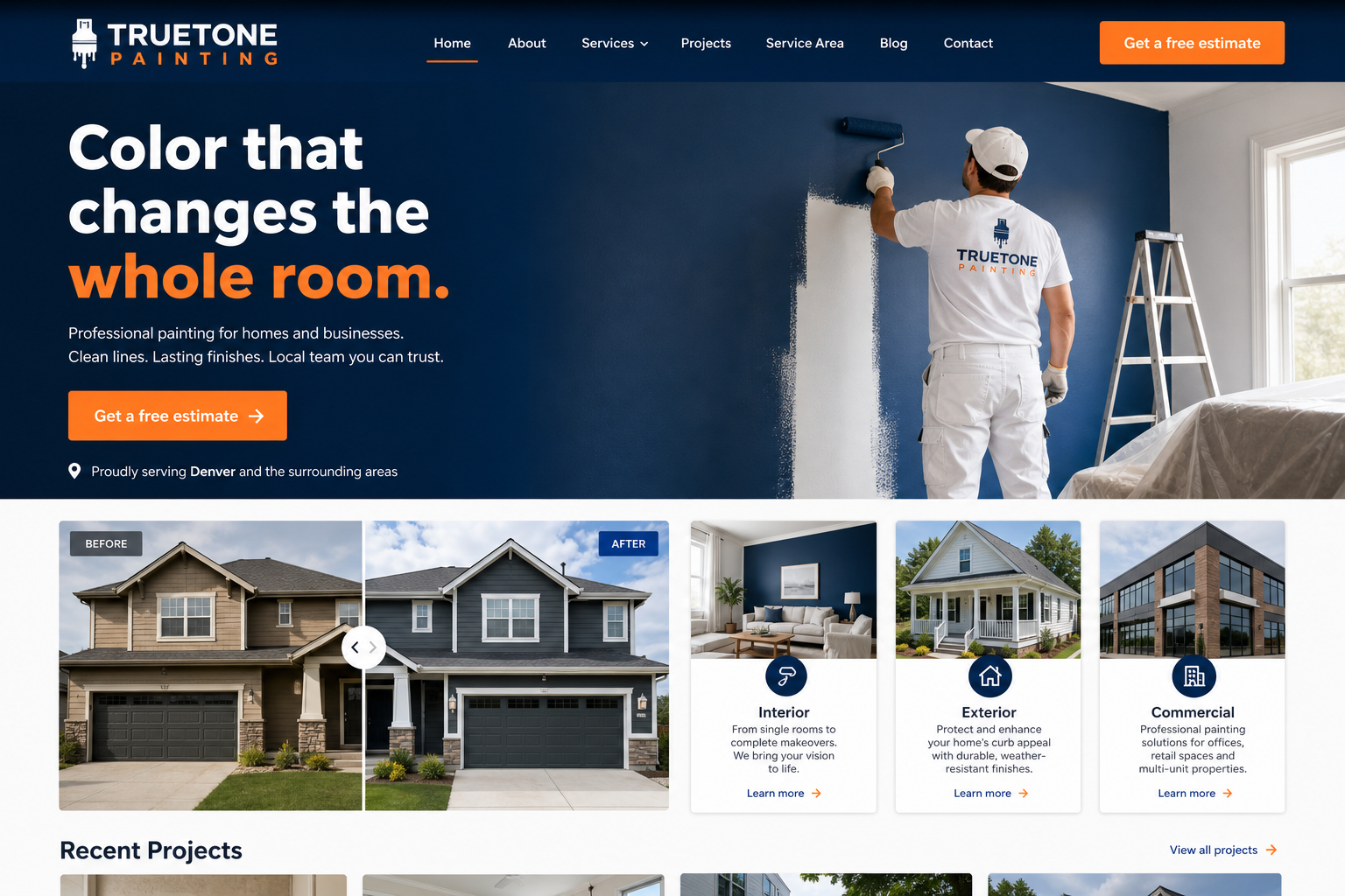 TrueTone Painting contractor website with before and after project imagery